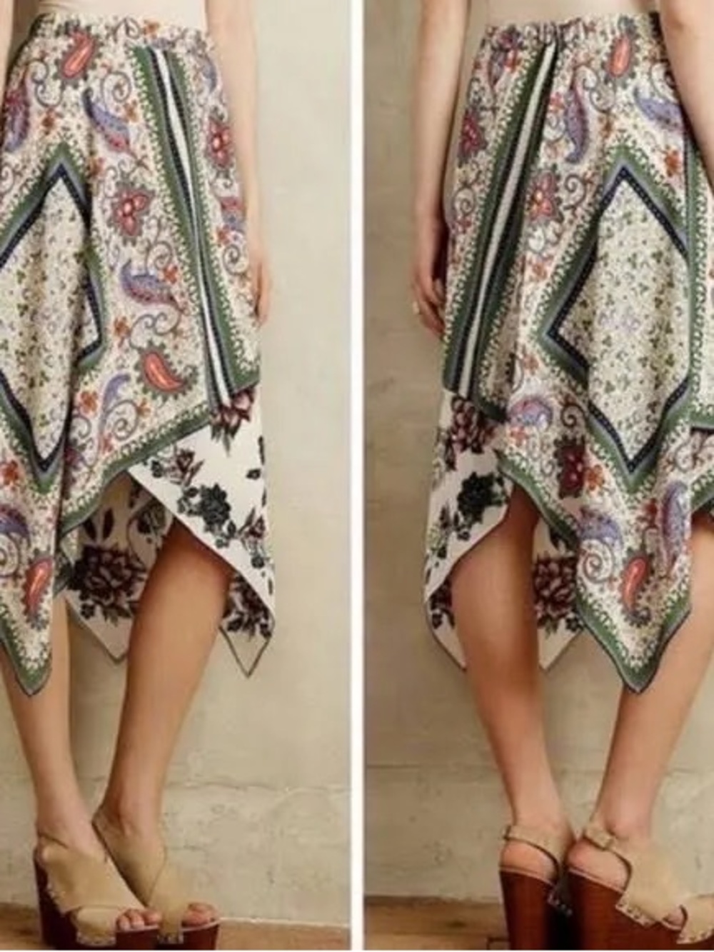 Maeve White Paisley Asymmetrical Handkerchief Hem Skirt